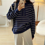 Women Pullover Sweater Preppy Style Striped Hooded Sweater
