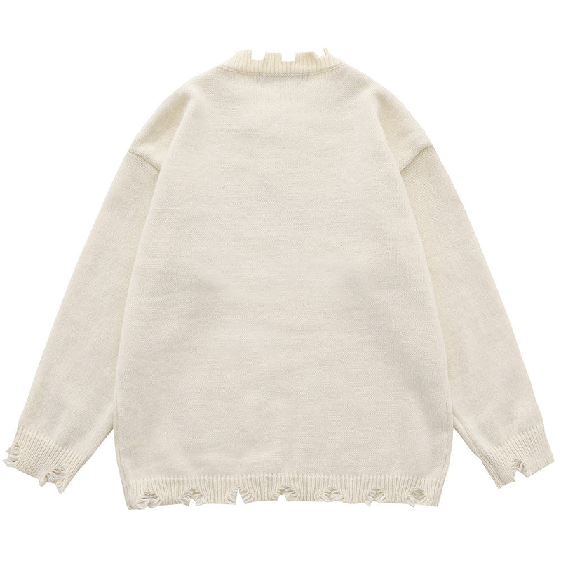 Men Sweater Simple Handmade Ripped round Neck Sweater Loose