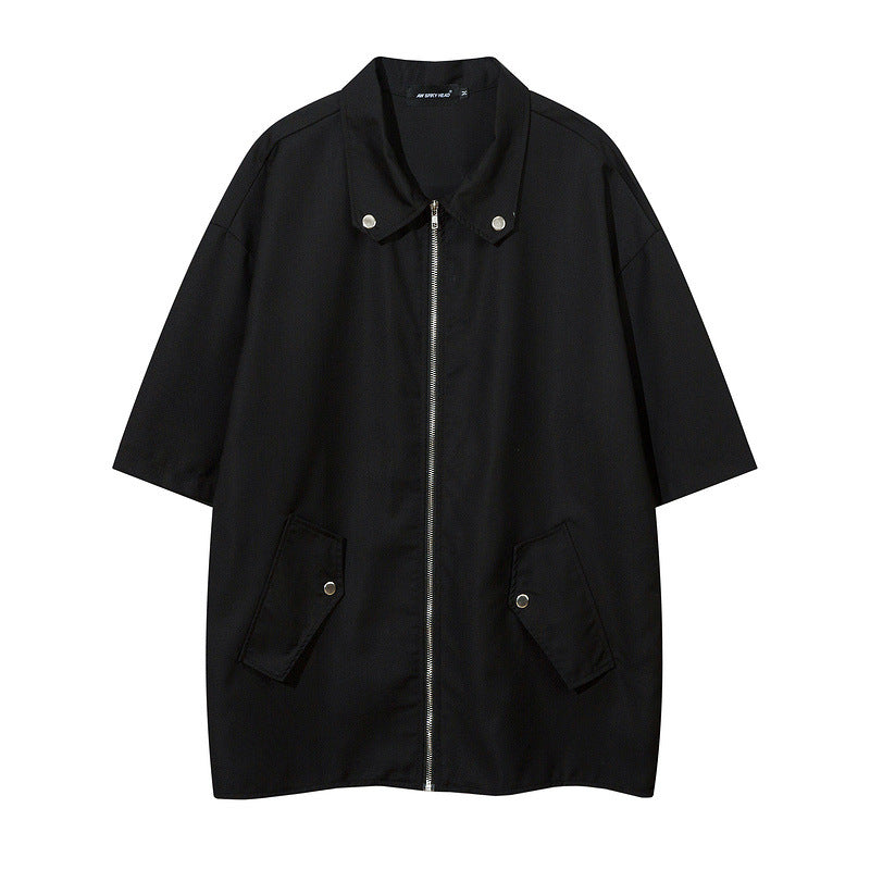 Short Sleeve Shirt Solid Color Tooling Zipper Lining Loose