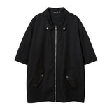 Short Sleeve Shirt Solid Color Tooling Zipper Lining Loose