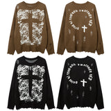 Women Sweater Cross Ripped Vintage Knitted Top