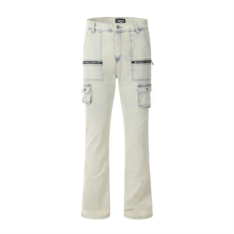 Men Jeans Cargo Jeans Zipper Bell-Bottom Pants Multi-Pocket