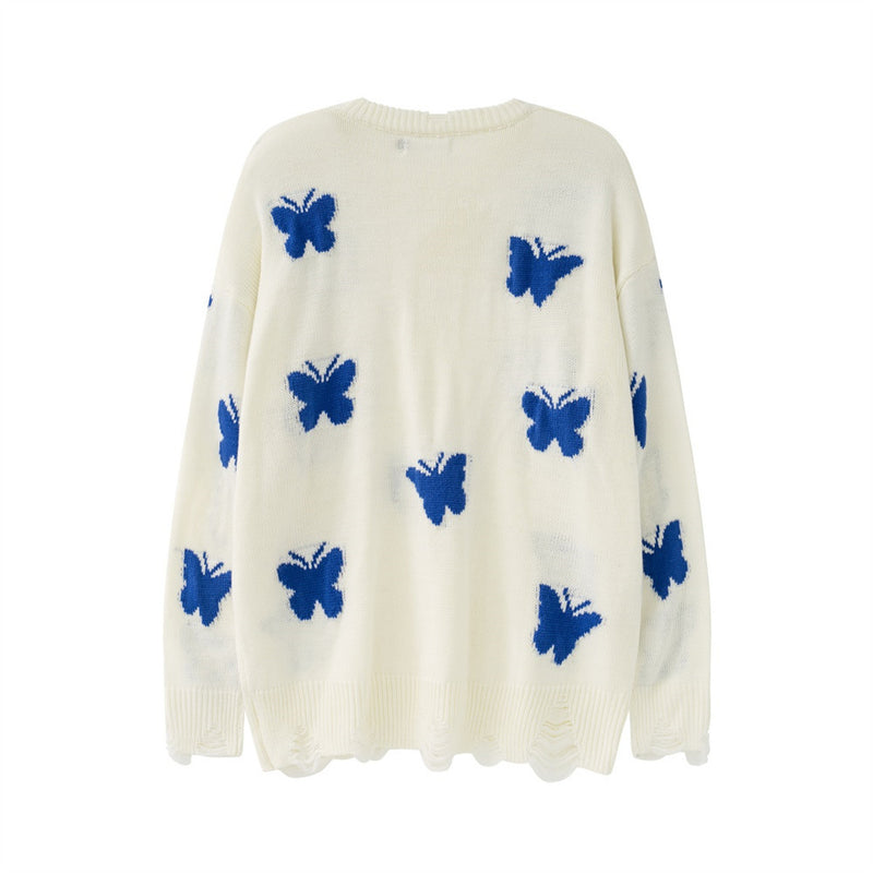 Men Sweater Butterfly Jacquard Sweater Crew Neck Sweater