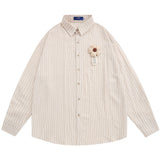 Men Long Sleeved T Shirt Flower Vertical Striped Long Sleeve Shirt Men's Spring and Autumn Loose Shirt Casual