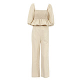 Women Co-Ords Square Collar Puff Sleeve High Waist Wide Leg Pants