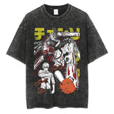 Anime Chainsaw Men Washed Tshirt Retro Hip Hop Streetwear