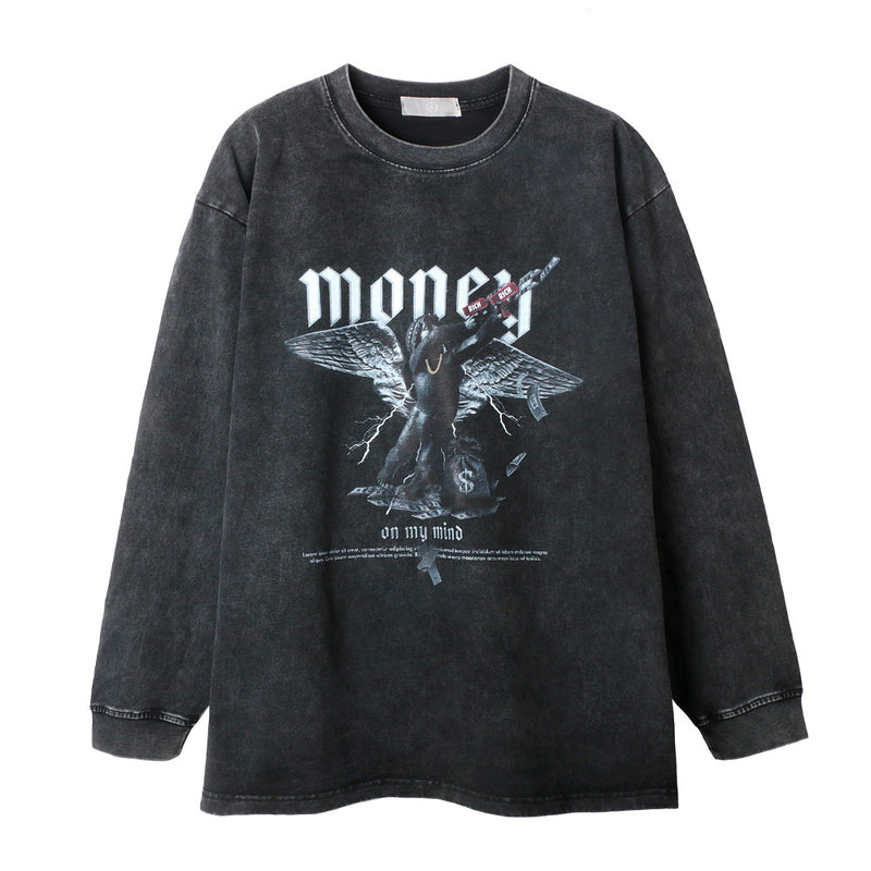 Men Long Sleeve T-Shirt Money Printed Distressed Loose