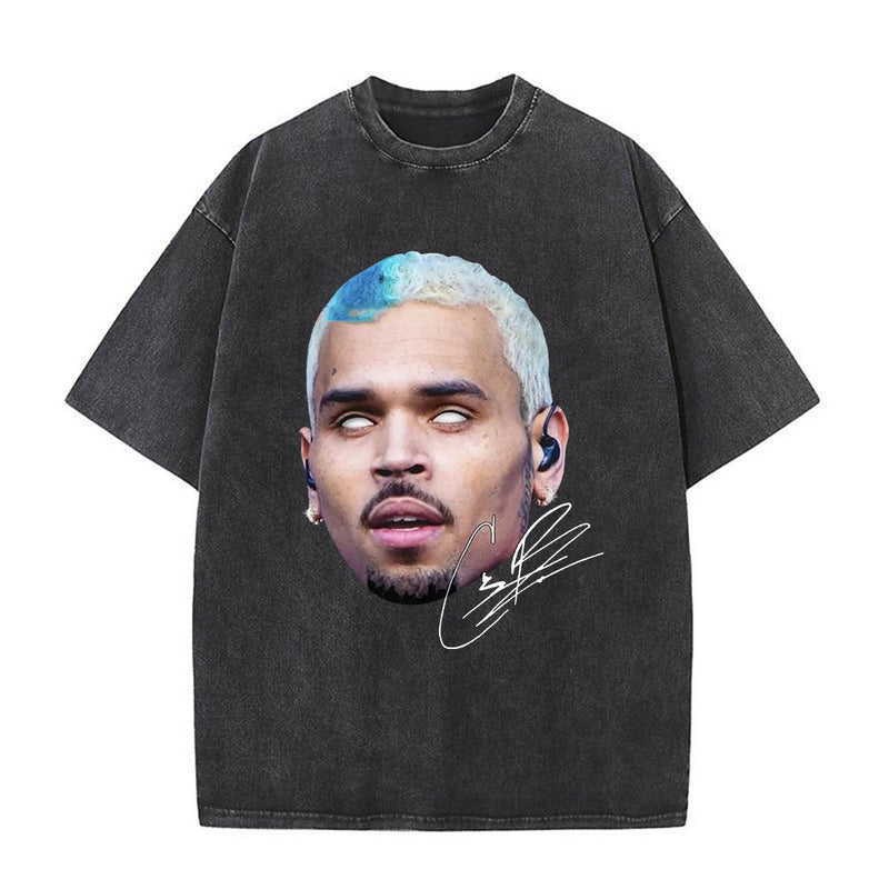 Rapper Chris Brown Big Face Graphic Vintage Washed T-Shirts