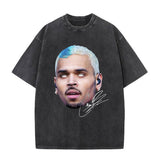 Rapper Chris Brown Big Face Graphic Vintage Washed T-Shirts