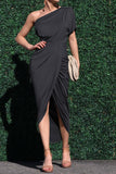 Women Dress Slant-Shoulder Pleated Gown Dress