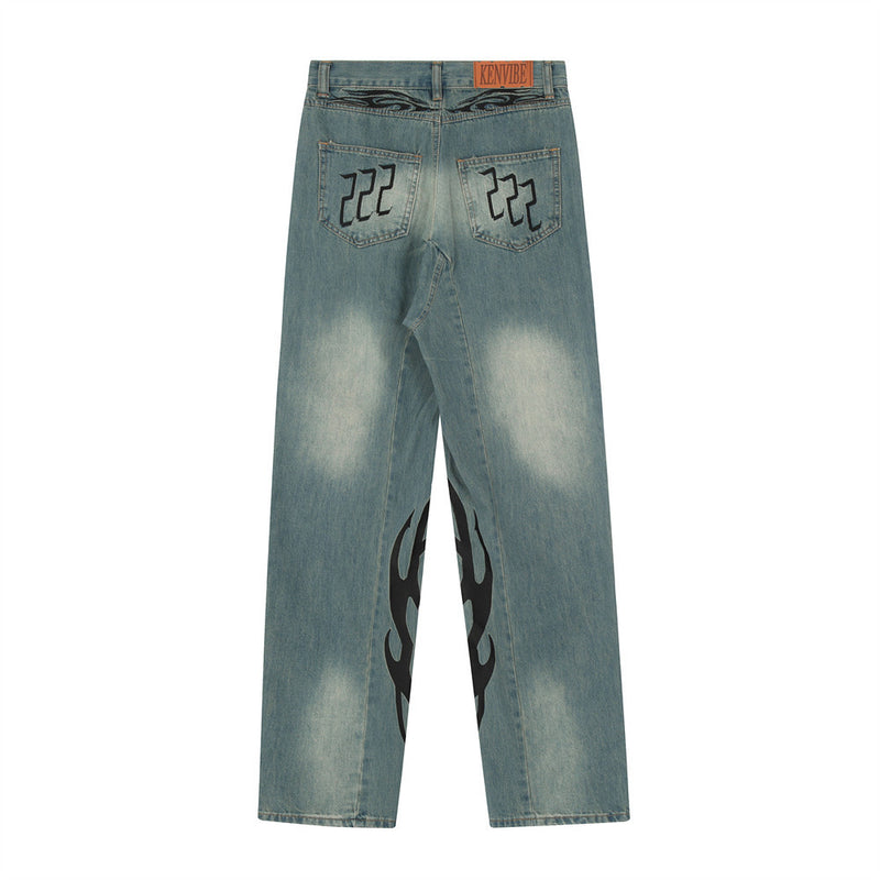 Men Jeans Flame Embroidery Trend Wash Leisure