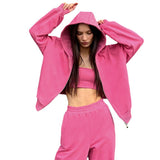 Women Co-Ords Hooded Fleece-lined Pink Sweatshirt Pants Casual