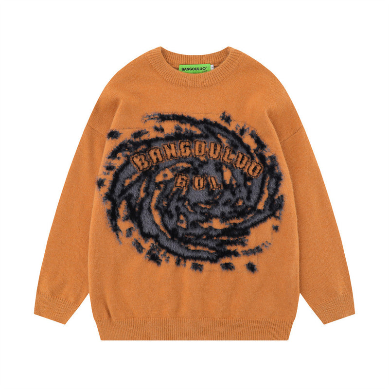 Men Sweater Vortex Flocking Jacquard round Neck Knitted Sweater