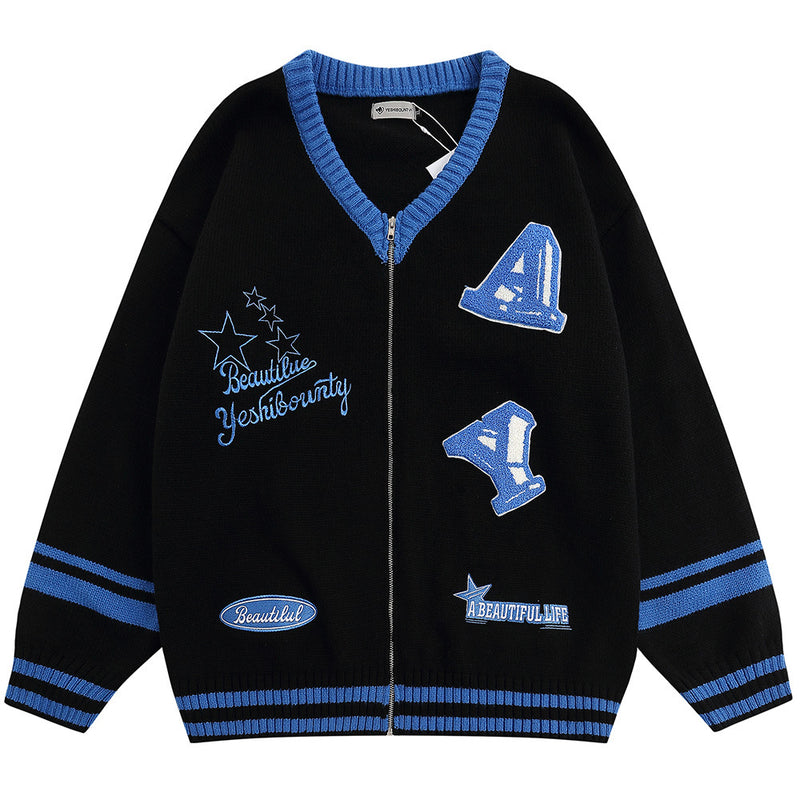 Men Sweater Embroidered V-neck Zip Cardigan Sweater