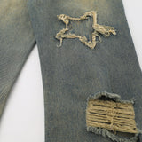 Men Jeans Five-Pointed Star Patch Ripped Leisure Loose