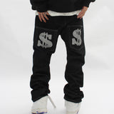 Men Jeans Loose Straight Dollar Symbol Pattern Casual