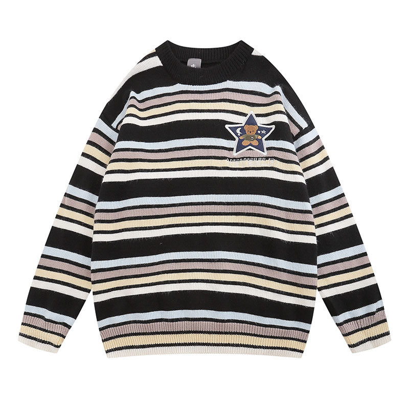 Women Sweater Striped Embroidered Knitted Top Versatile Loose
