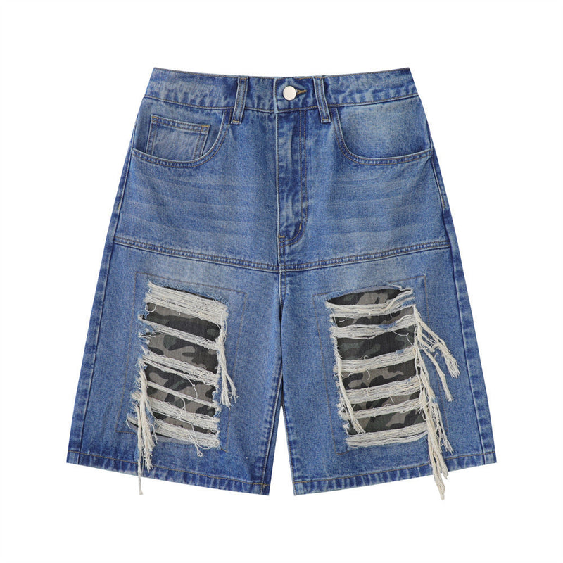Men Shorts Cut Stitched Camouflage Denim Shorts Loose