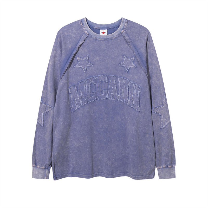 Men Long Sleeve T-Shirt Old Washing Water Paste Cloth Embroidery Five-Pointed Star