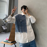 Men Shirts Retro Loose Stitching Long Sleeve Denim Coat