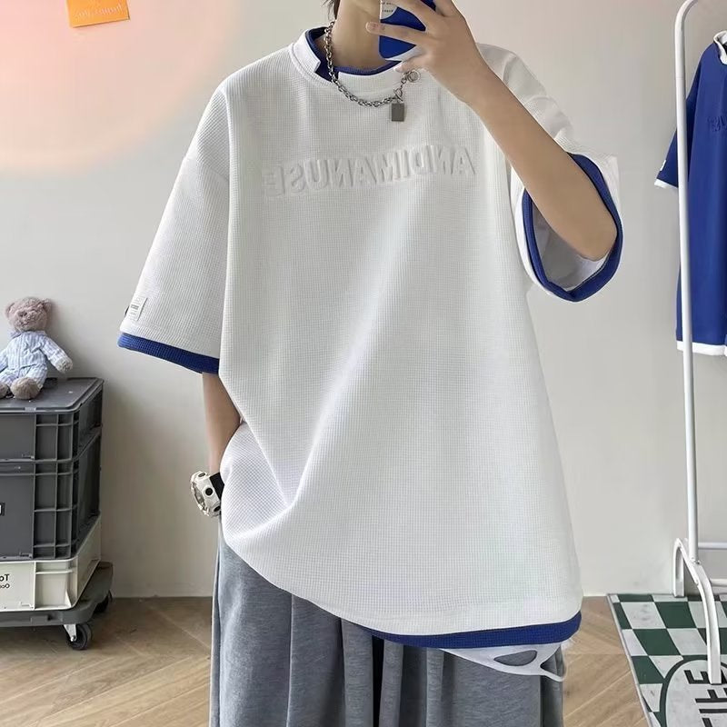 Men's T Shirt Waffle Loose False Two Pieces