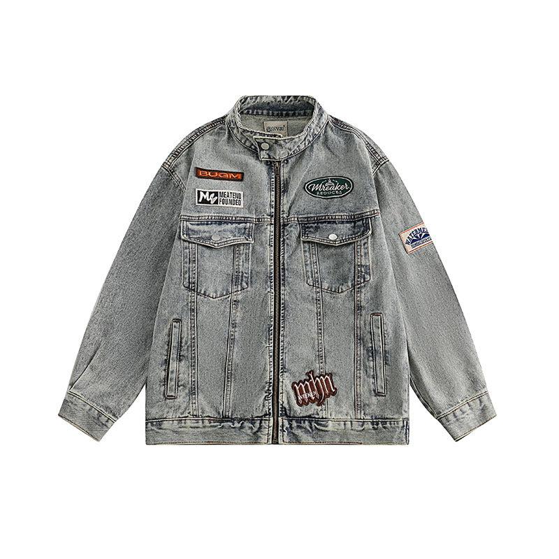 Women Jackets Distressed Stand Collar Locomotive Style Jacket Casual