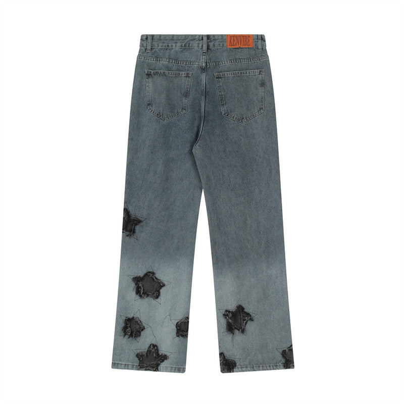 Men Jeans Five-Pointed Star Patch Gradient Color Loose Casual