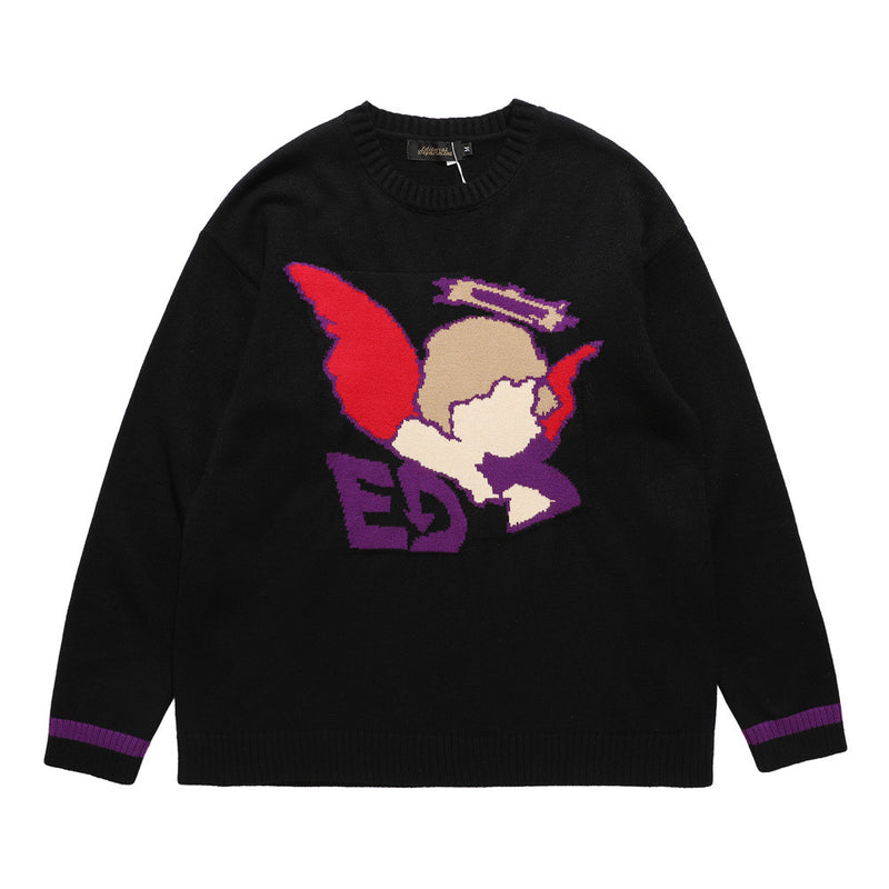 Men Sweater Cartoon Cupid Jacquard round Neck Knitted Sweater