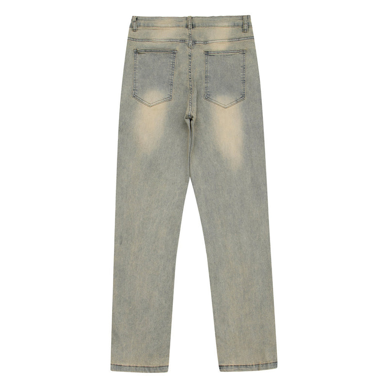 Men Jeans Mud Yellow Dyed Retro Loose Casual Zipper Slit