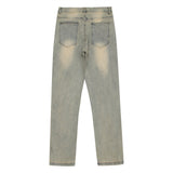 Men Jeans Mud Yellow Dyed Retro Loose Casual Zipper Slit
