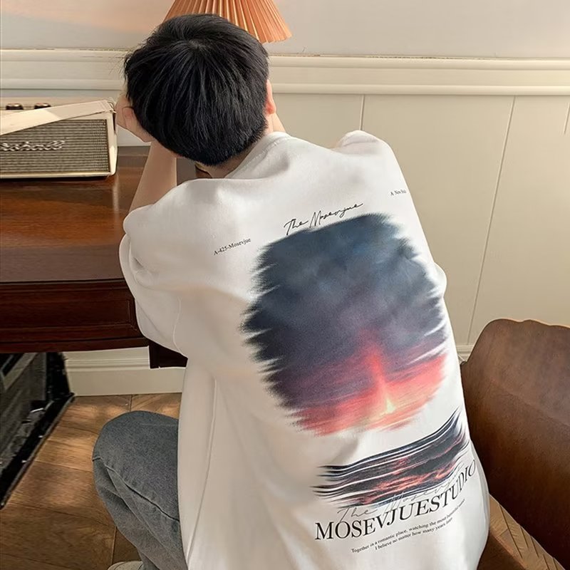 Men T Shirt Sunset Landscape Painting Pure Cotton Vibe