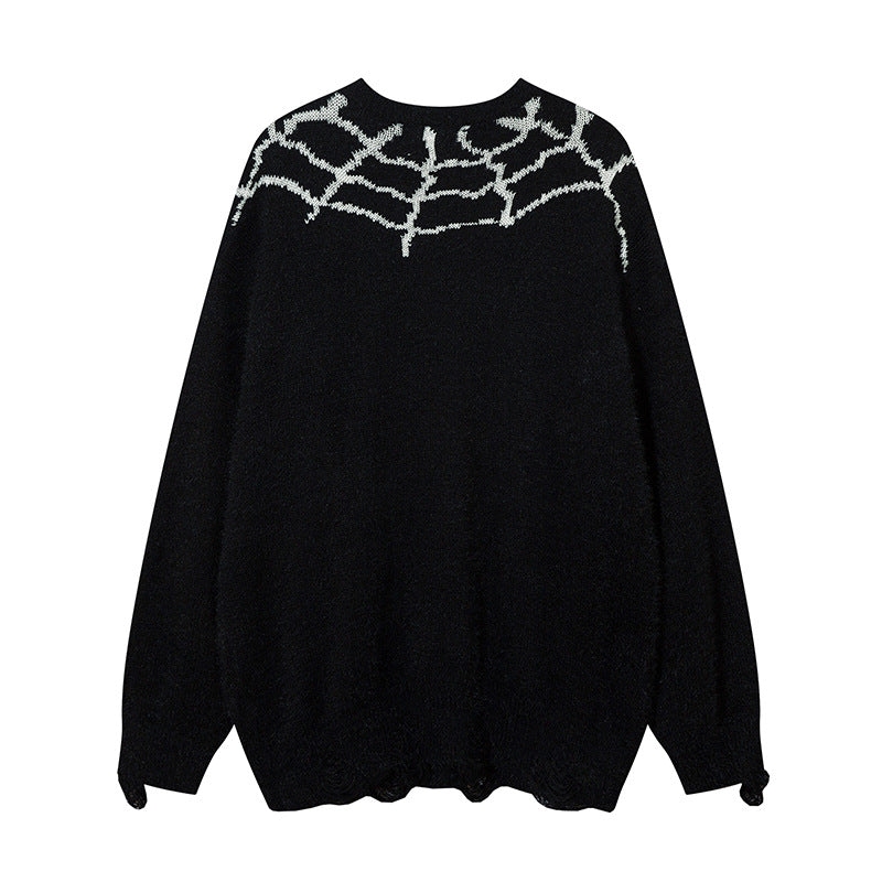 Men Sweater Spider Web Velvet Padded Sweater Hole