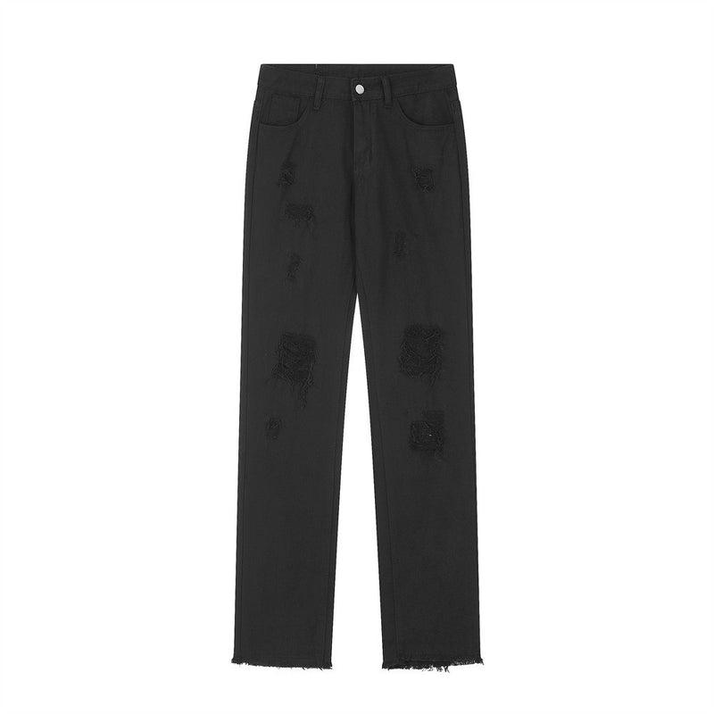 Men Jeans Hole Loose Burrs Worn Pure Color All-Matching