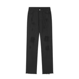 Men Jeans Hole Loose Burrs Worn Pure Color All-Matching
