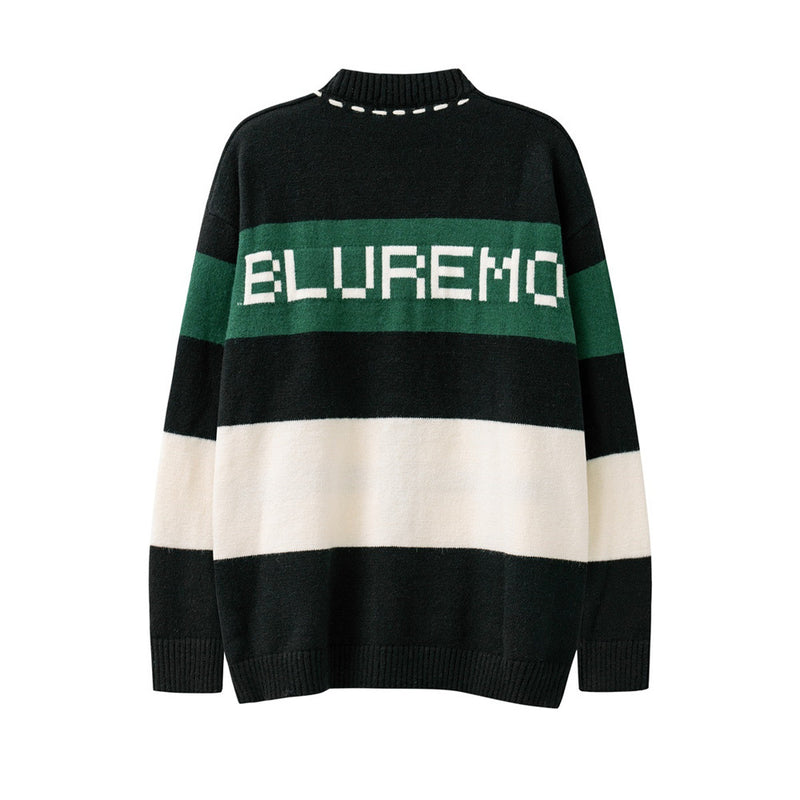 Men Sweater Patchwork Stripes Knitted Cardigan Sweater