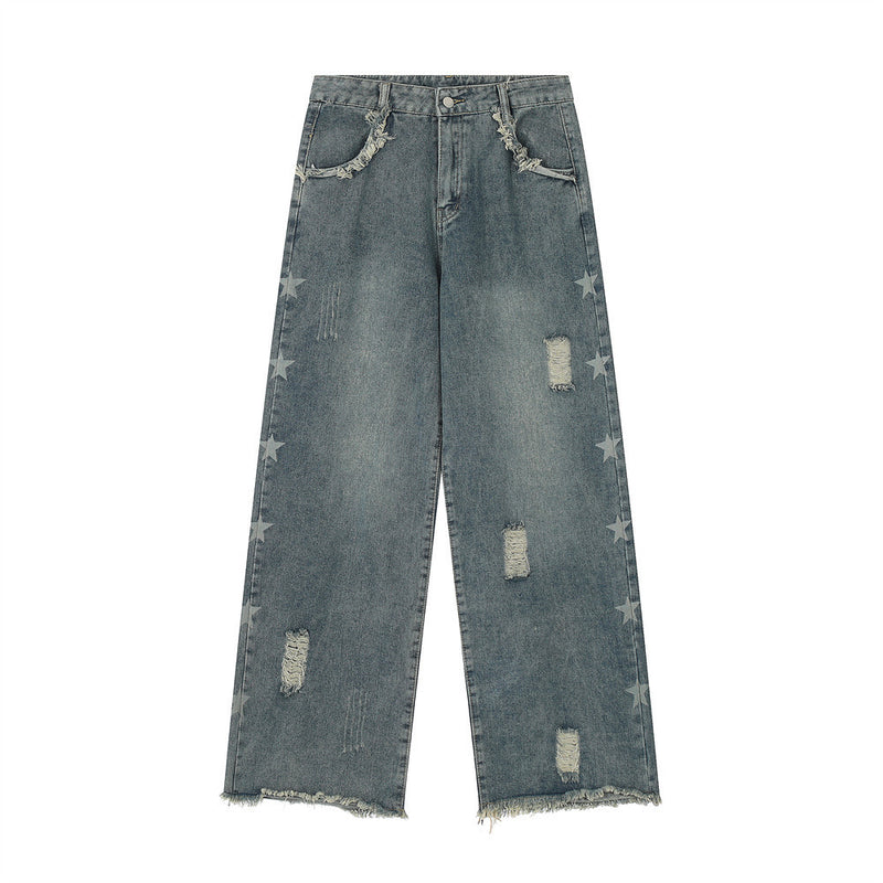 Men Jeans Hole Loose Burrs Five-Pointed Star Pattern