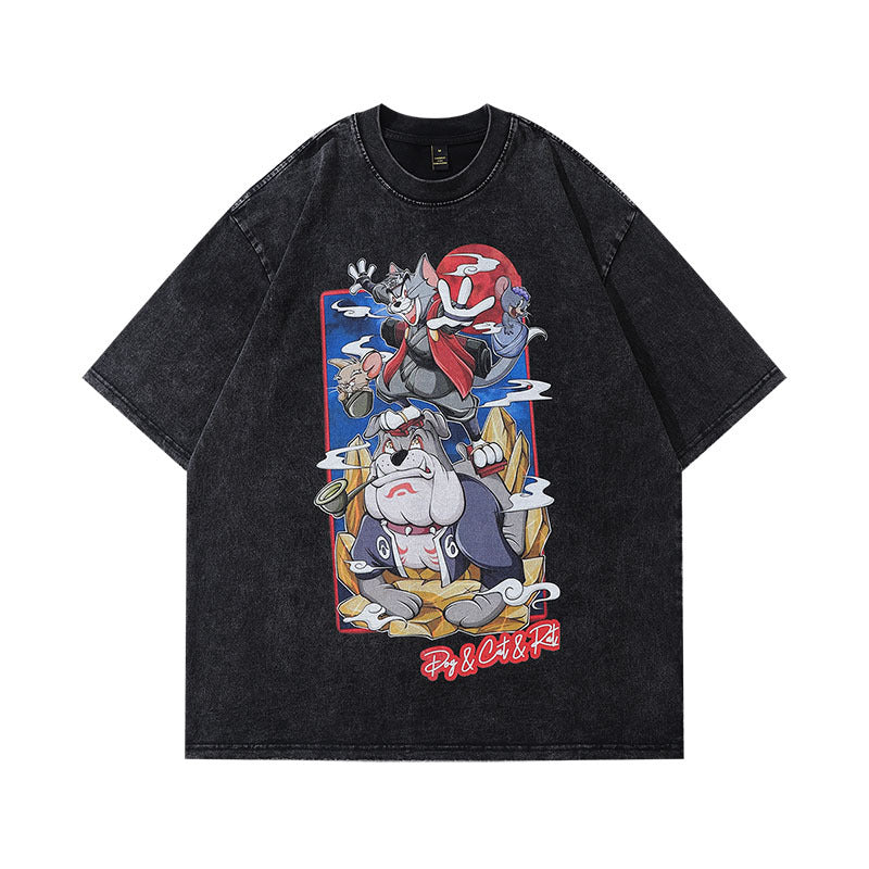 Men T-Shirt Vintage Cartoon Printed Distressed Short Sleeve T-shirt