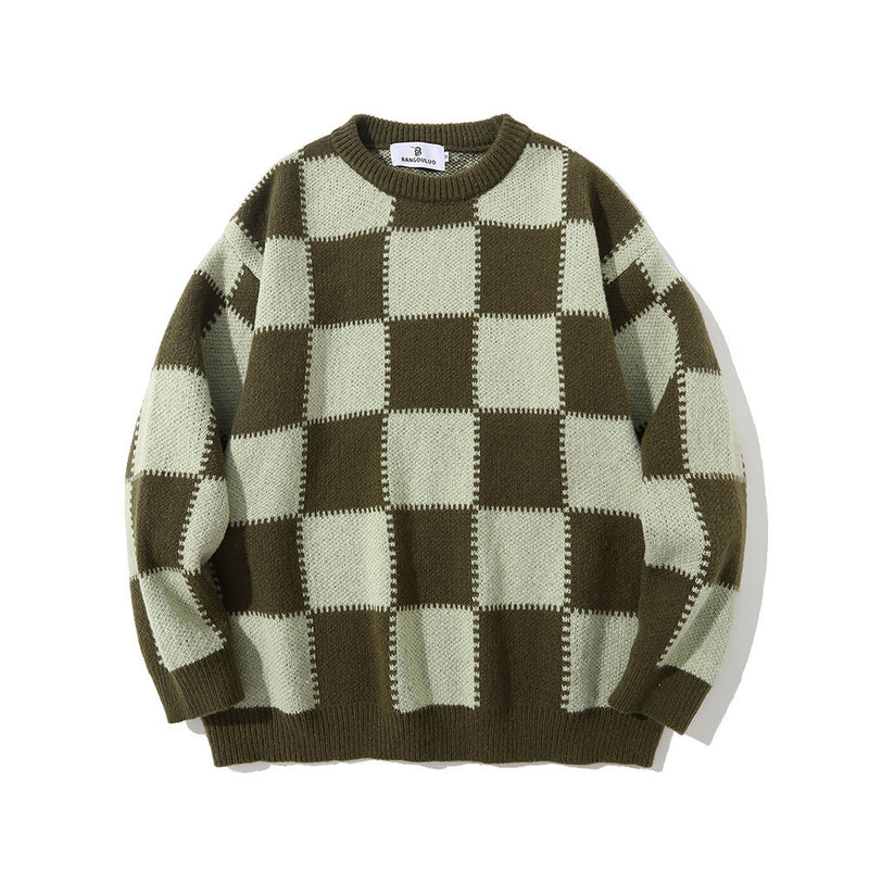 Men Sweater Chessboard Plaid Brocade Sweater