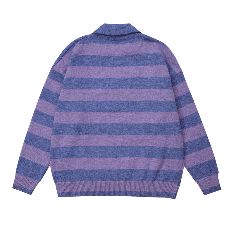Men Sweater Striped Lapel Loose Casual Embroidered Sweater