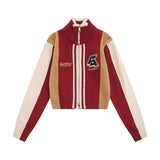 Women Sweater Color Matching College Fan Cardigan Zipper Stand Collar