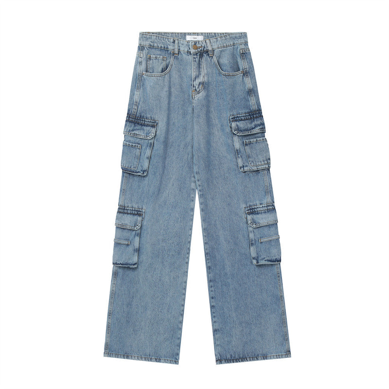 Men Jeans Vintage Multi-Pocket Distressed Overalls Loose