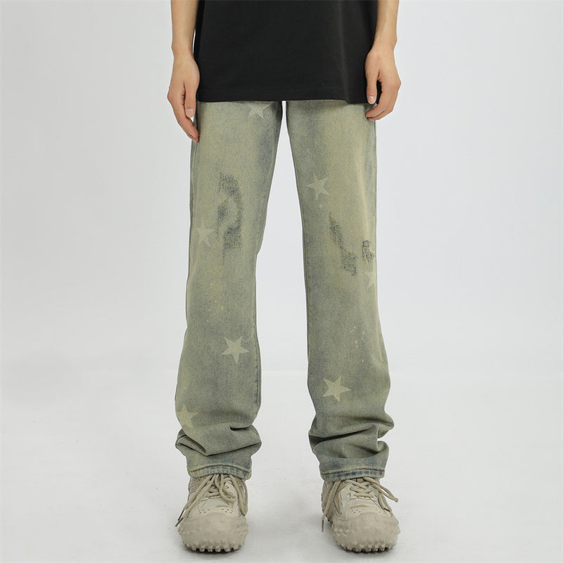 Men Jeans Star Printing Hip Hop Loose Holes
