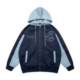 Men Fleece Lined Hoodie Cardigan Sweater Men's Winter Loose Color Contrast Patchwork Embroidered Letters