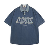 Men T-Shirt Lapel Polo Shirt Retro College Style Loose