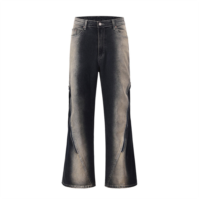 Men Jeans Tie-Dye Bell-Bottom Pants Punk Hip Hop Zipper Stitching