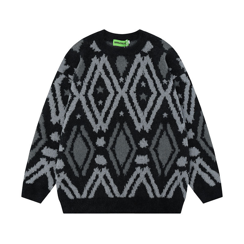Women Sweater Vintage Diamond Jacquard Knitted Sweater