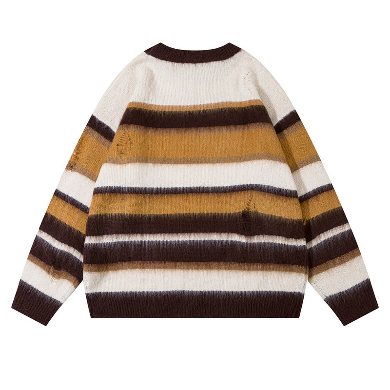 Men Sweater Striped Sweater Ripped Long Sleeves Loose