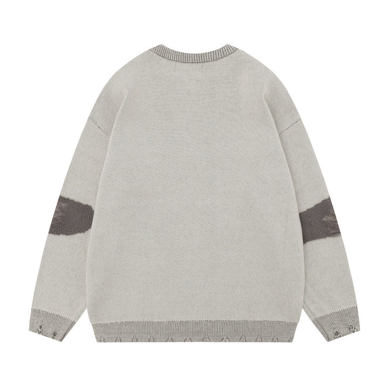 Men Sweater Color Matching Crochet Ripped Sweater Loose