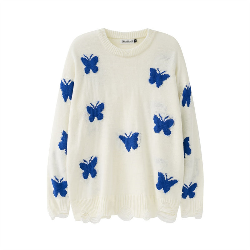 Men Sweater Butterfly Jacquard Sweater Crew Neck Sweater