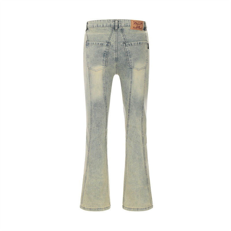 Men Jeans Yellow Mud Color Hole Bell-Bottom Pants Stitching